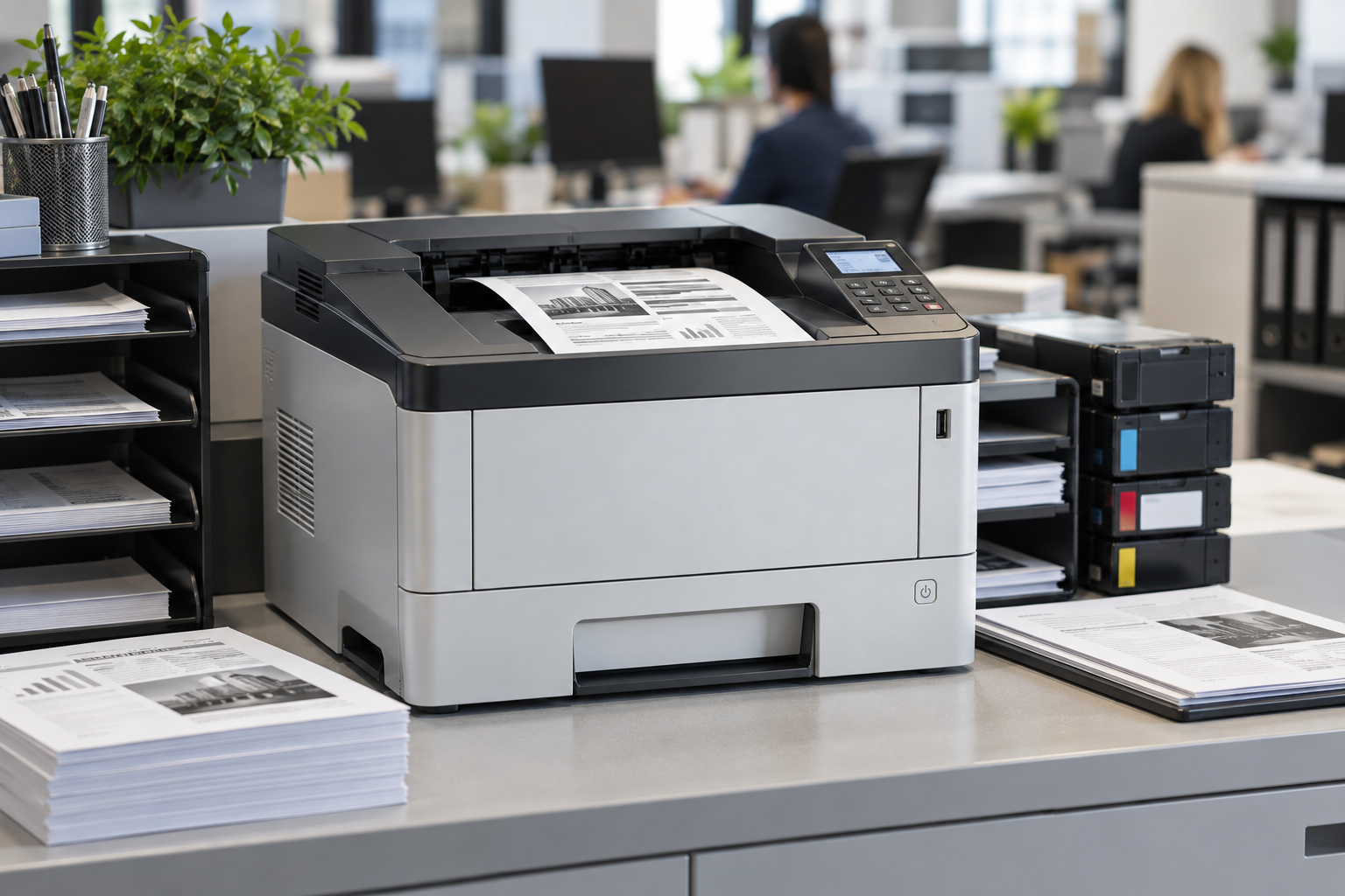 Kyocera ECOSYS-style workgroup printer producing business documents in a DFW office