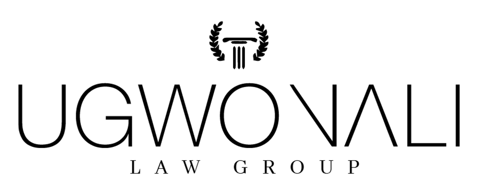 Logo for Ugwonali Law Group featuring text and a stylized column with laurel wreath.