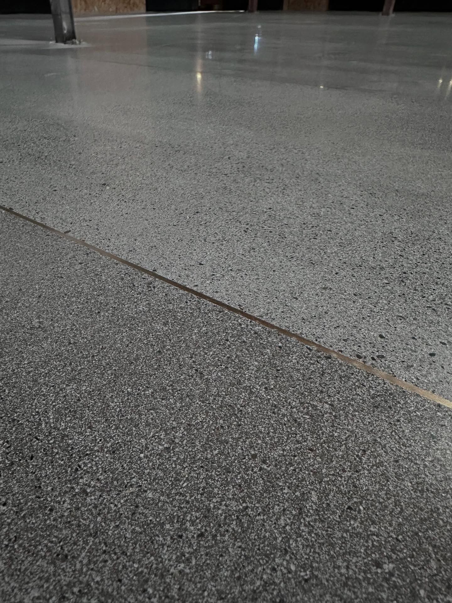 Polished, reddish-brown concrete floor reflecting light with a wooden door and white walls in the background.