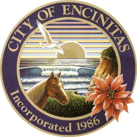 City of Encinitas seal featuring a horse, waves, sunset, seagull, poinsettia, and coastal landscape.