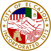 City of El Cajon seal: hands shaking over a flag, city buildings, and text.