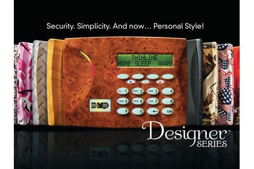Security system control panel with interchangeable covers in various designs, text: 