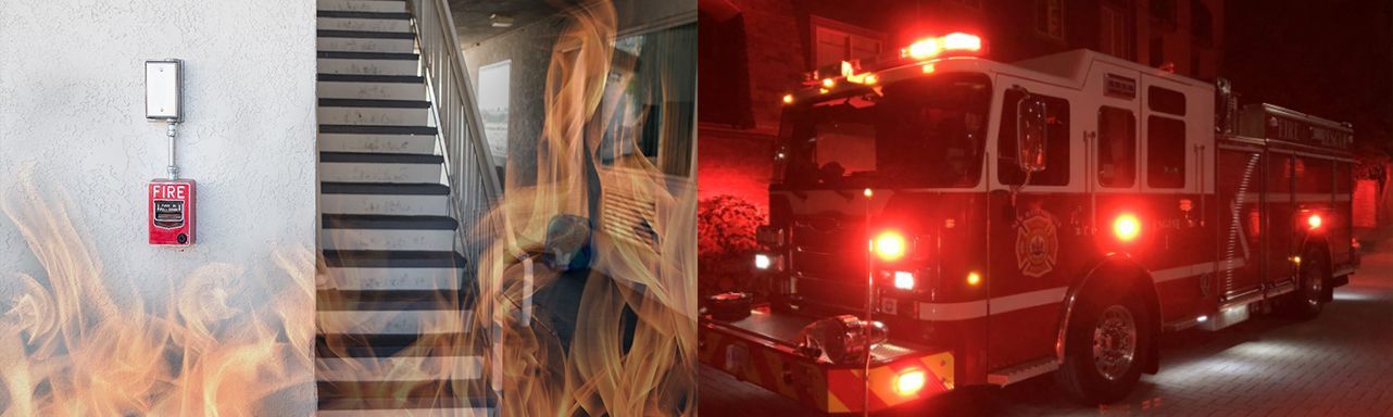 Fire alarm, stairs, person engulfed in flames, and a fire truck.