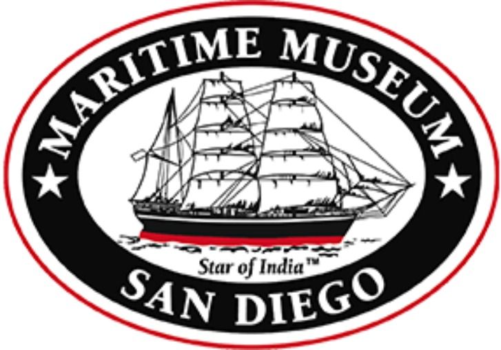 Logo for the Maritime Museum of San Diego, featuring a black and red ship, inside an oval frame.