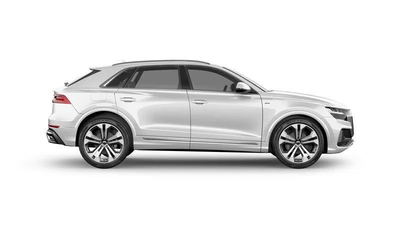Silver Audi Q8 SUV, side view, on a white background.