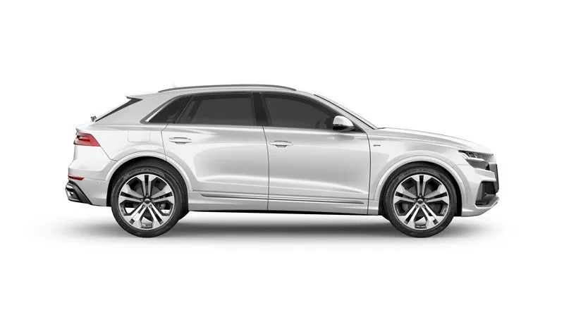 Silver Audi Q8 SUV with tinted windows, black and silver wheels, on a white background.