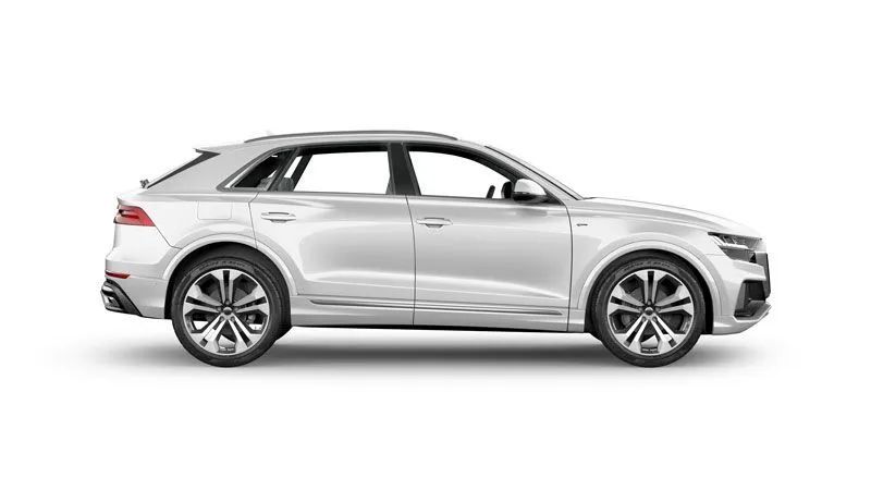 Silver Audi Q8 SUV, side view, on a white background.