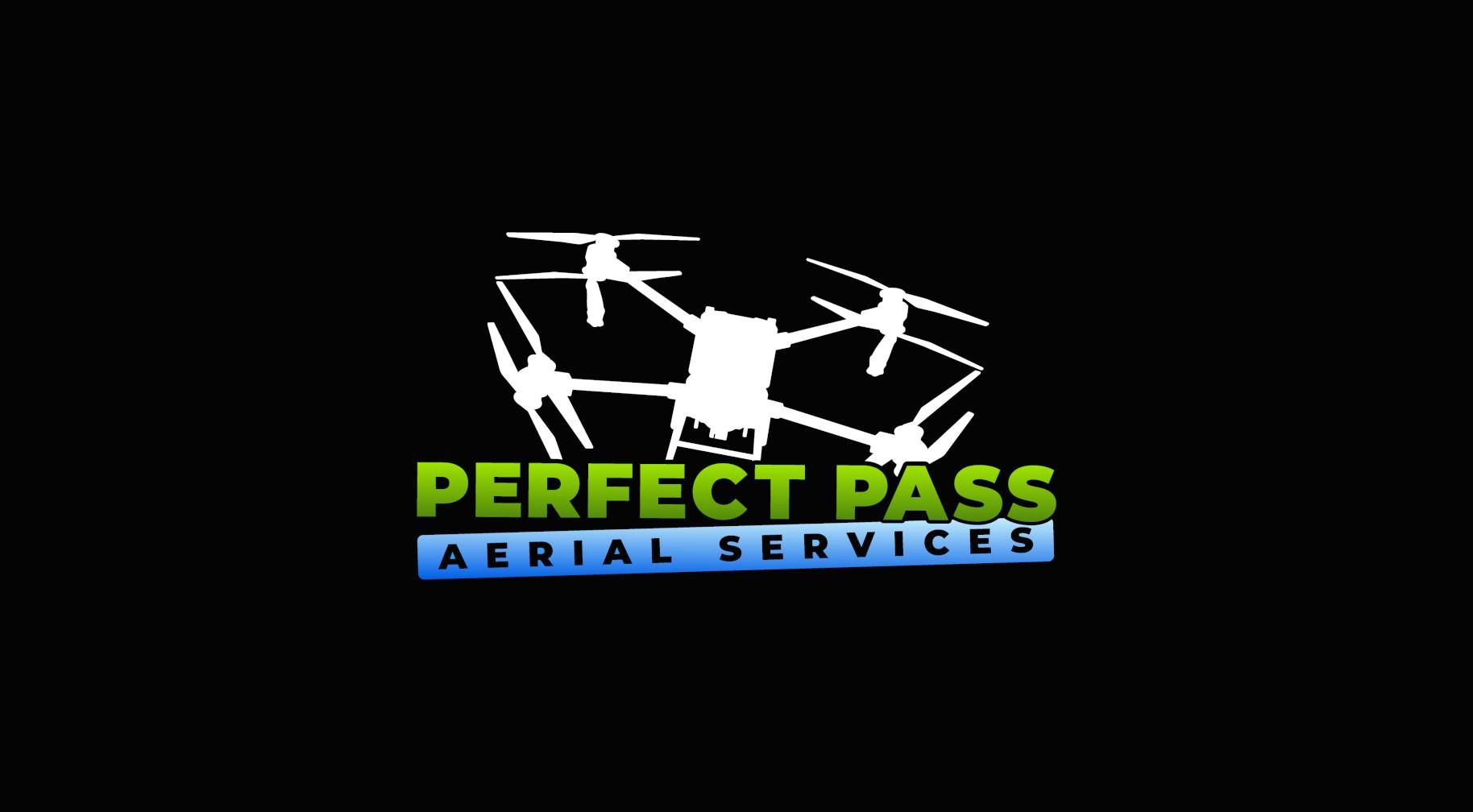 Logo for Perfect Pass Aerial Services. White drone image over green and blue text on a black background.