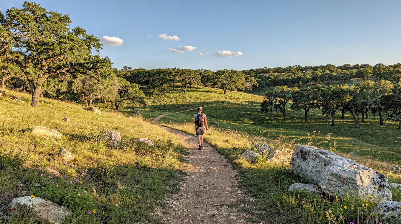 A person is walking on a sunny trail, surrounded by the lush green landscape of the Texas hill country, symbolizing a journey towards better health and weight management. This serene setting highlights the importance of outdoor activities in achieving weight loss goals and overall well-being.