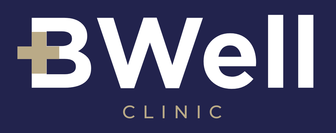 Logo for BWell Clinic: White text on navy background.