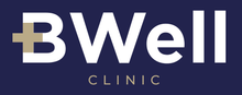 Logo for BWell Clinic, white text on dark blue background. Features a gold cross shape in the 'B' of the logo.