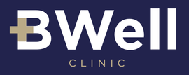 Logo for BWell Clinic: White text on navy background.