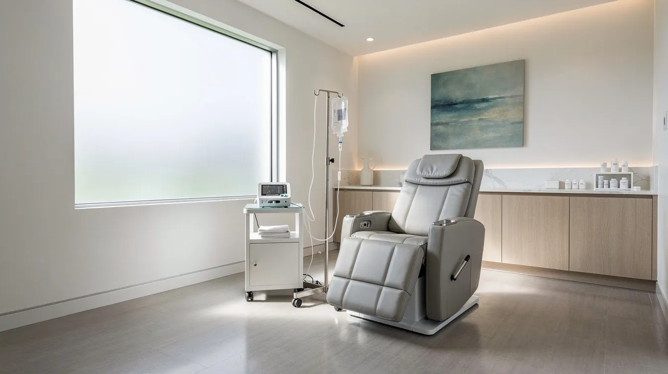 Modern clinic room with a gray massage chair, large window, and light wood cabinetry