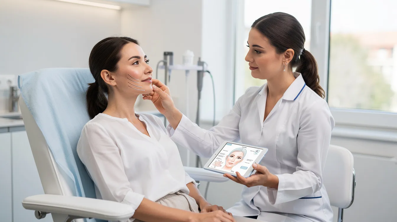 Doctor showing a cosmetic treatment plan to a patient in a clinic exam room