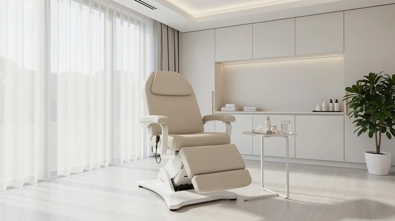 The image depicts a comfortable treatment chair situated in a bright medical wellness room, designed for NAD IV therapy sessions that promote cellular repair and energy production. This inviting space is tailored for individuals seeking to enhance their overall health, improve mental clarity, and support healthy aging through advanced wellness treatments.