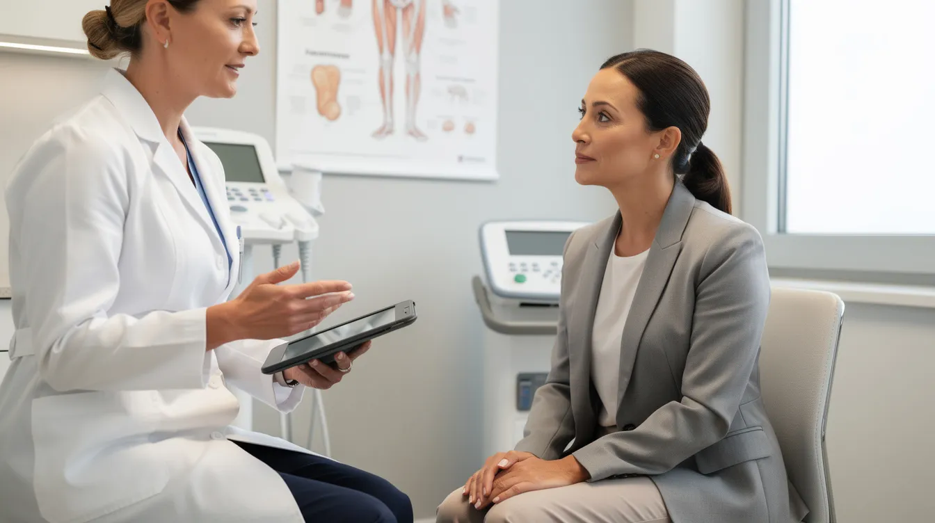 Doctor discussing a chart with a seated patient in a bright clinic
