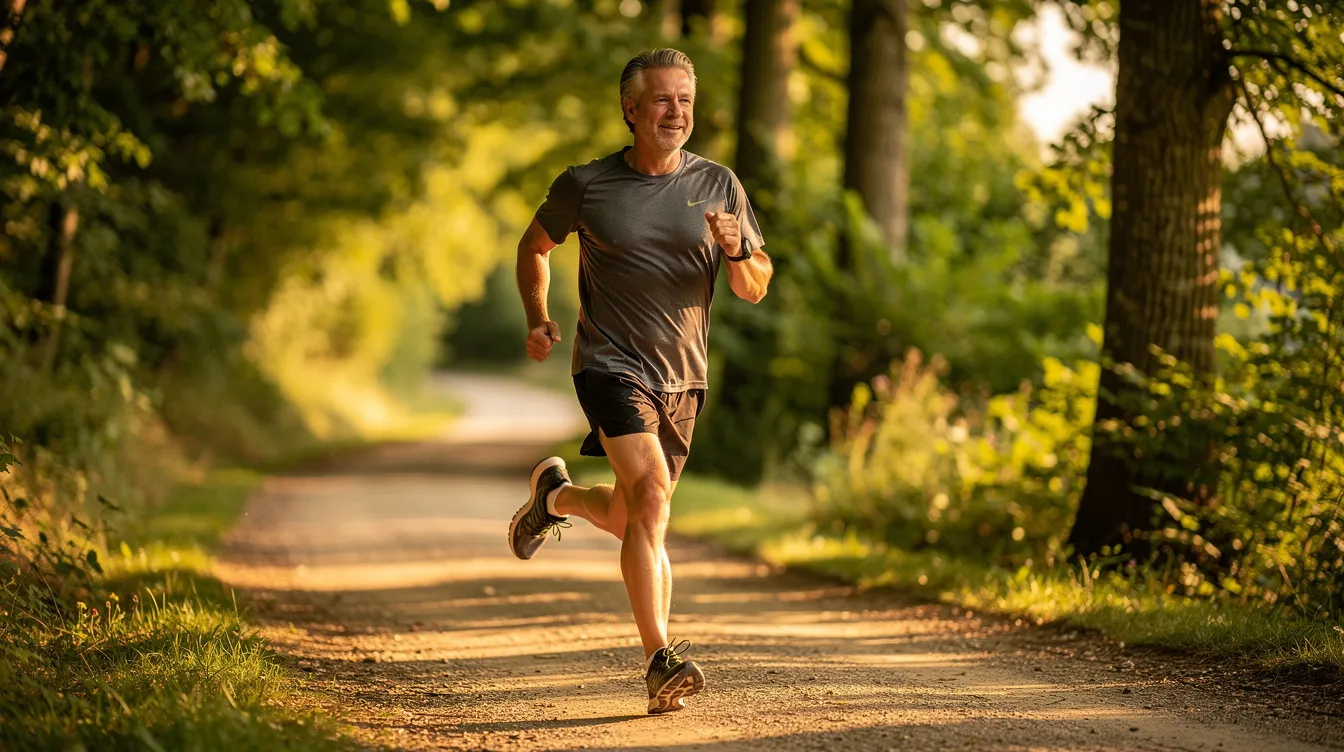 An active middle-aged adult is jogging on a tree-lined trail, enjoying the warm sunlight filtering through the leaves. This scene highlights the importance of maintaining cellular health and energy production through regular exercise, which supports healthy aging and overall well-being.
