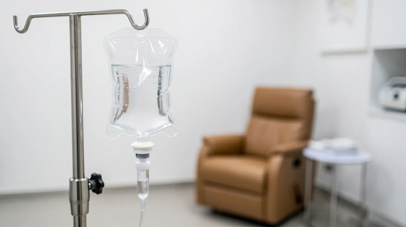 IV bag hanging on a stand in a medical room with a brown reclining chair in the background