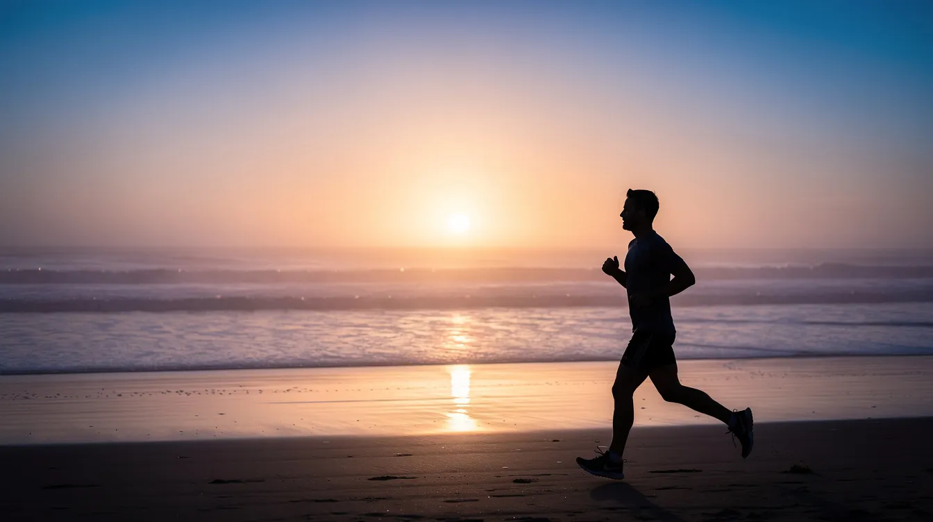 Silhouette of a runner on a beach at sunrise, with calm waves and a bright horizon