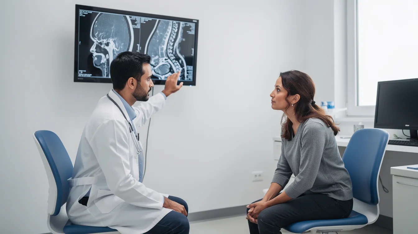 A medical professional is seated across from a patient, discussing diagnostic imaging results in a modern clinical setting, emphasizing the importance of understanding health risks related to menopause and options for hormone replacement therapy. The environment is bright and equipped with advanced medical technology, reflecting a focus on women's health and effective treatment options.