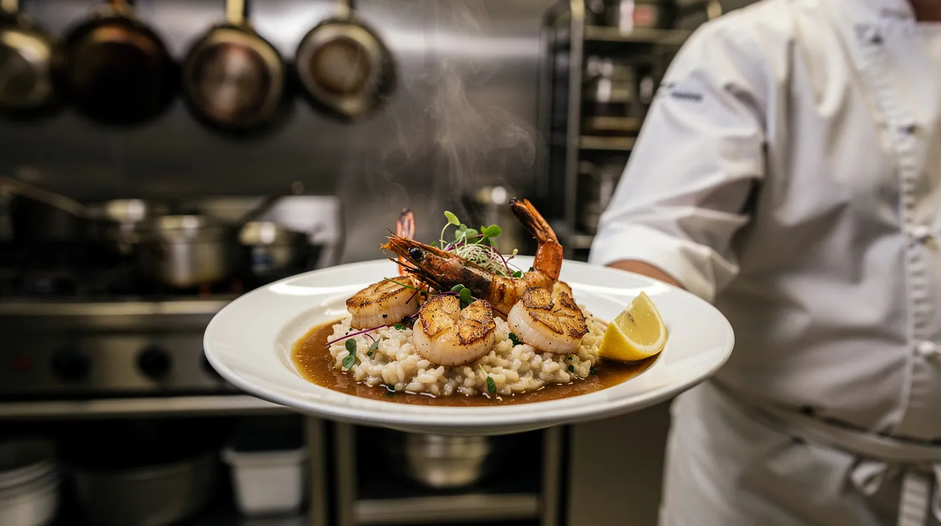 The image depicts a beautifully plated seafood dish in a bustling restaurant kitchen, showcasing an array of crustacean shellfish, which may pose a risk for individuals with shellfish allergies. The vibrant colors and careful presentation highlight the importance of proper labeling and awareness of major food allergens in culinary settings.