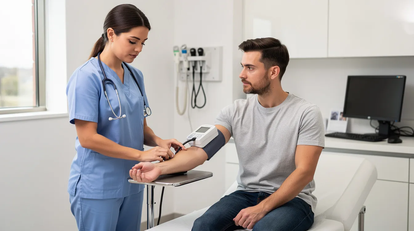 Nurse taking a man's blood pressure in a bright clinic room