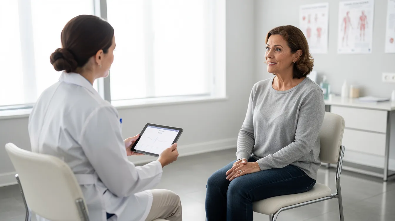Doctor consulting a patient in a bright clinic office, with a tablet on her lap.