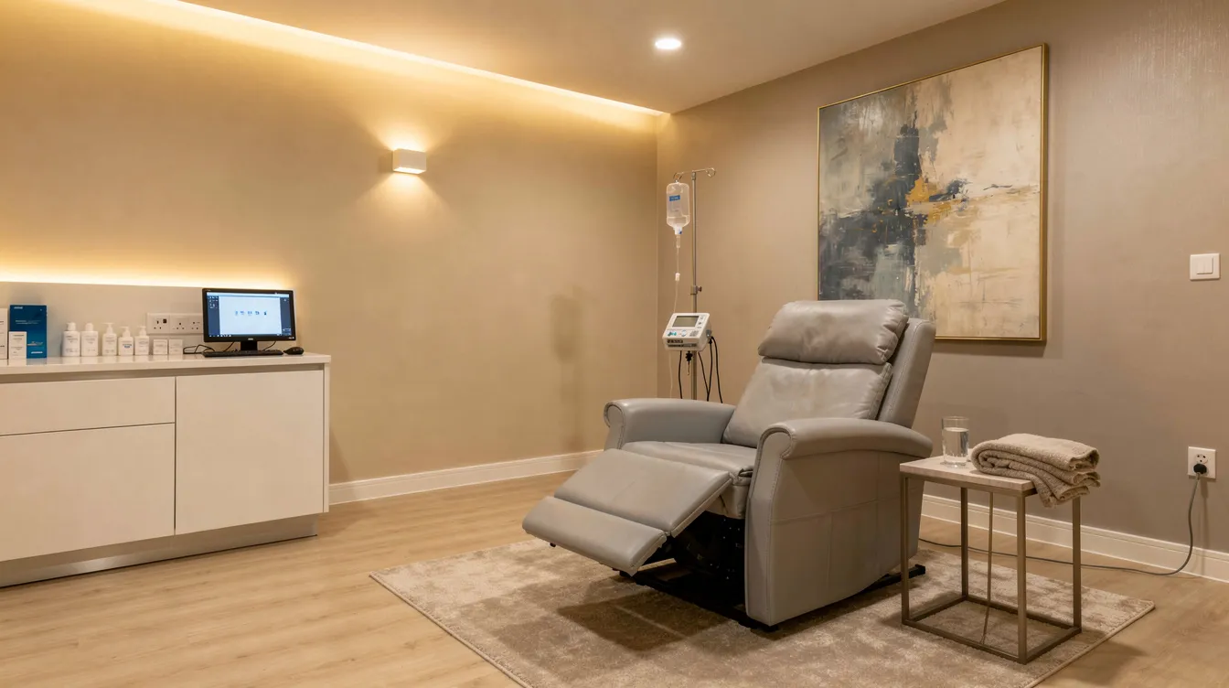 A grey reclining chair with an IV drip stand next to it in a softly lit, minimalist medical or wellness clinic room.