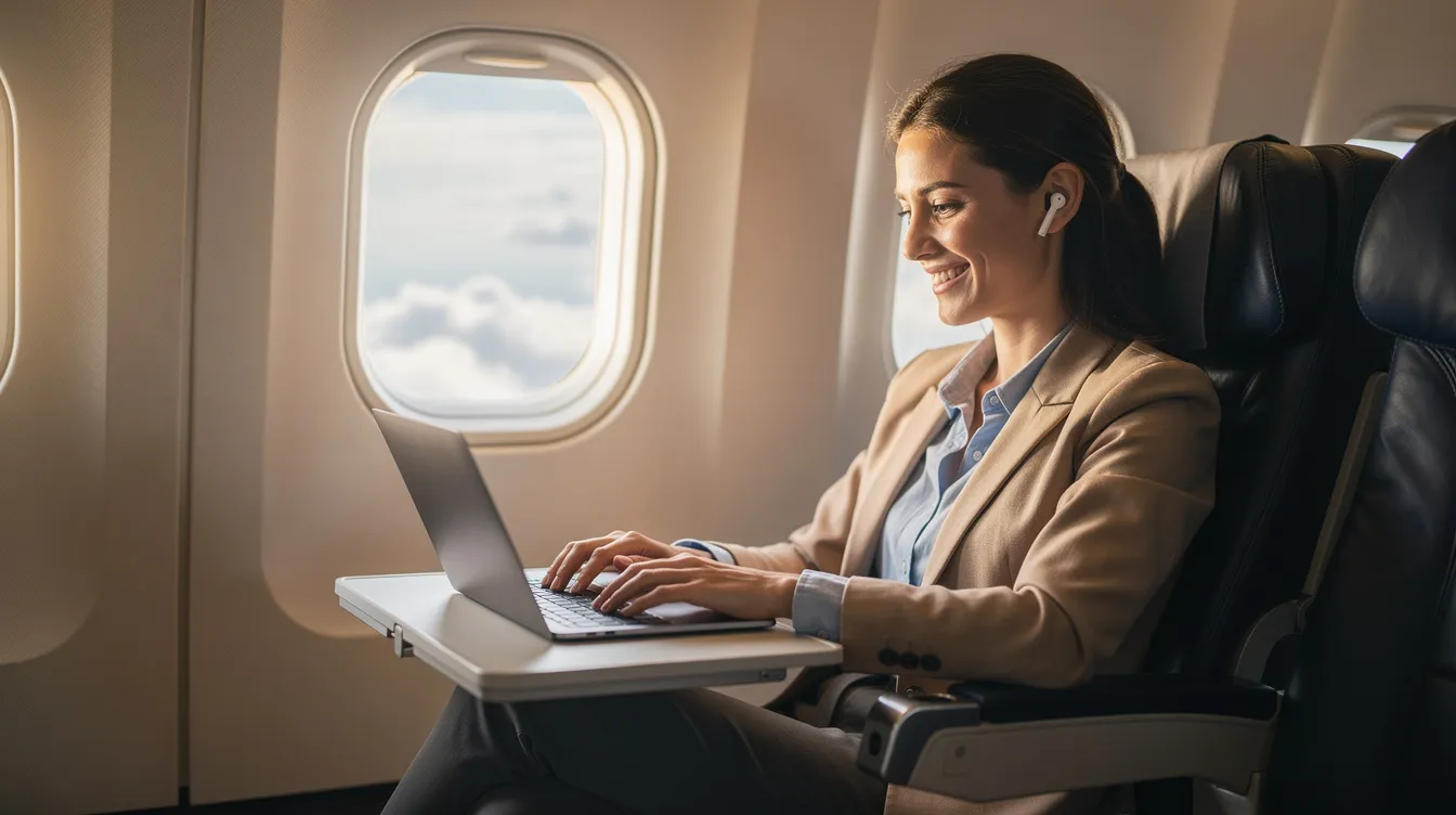 A happy professional is working on a laptop while seated on an airplane, surrounded by soft lighting and a cozy atmosphere. The individual appears focused and content, embodying the spirit of productivity even while traveling, possibly considering how IV hydration therapy can enhance their overall wellness and energy levels during the flight.