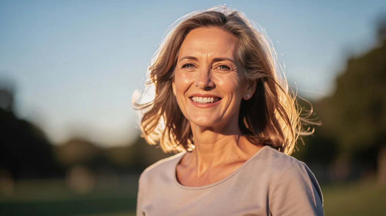 Smiling woman outdoors in warm sunlight with a blurred park background