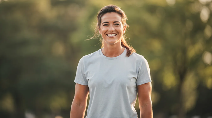 Woman and man running through a park, smiling. Autumn foliage, both wearing activewear.