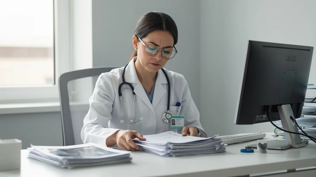 A physician is reviewing her documents at a desk, likely assessing health insurance plans and coverage options for her patients. The scene emphasizes the crucial role of personalized health care in managing health outcomes and medical history.