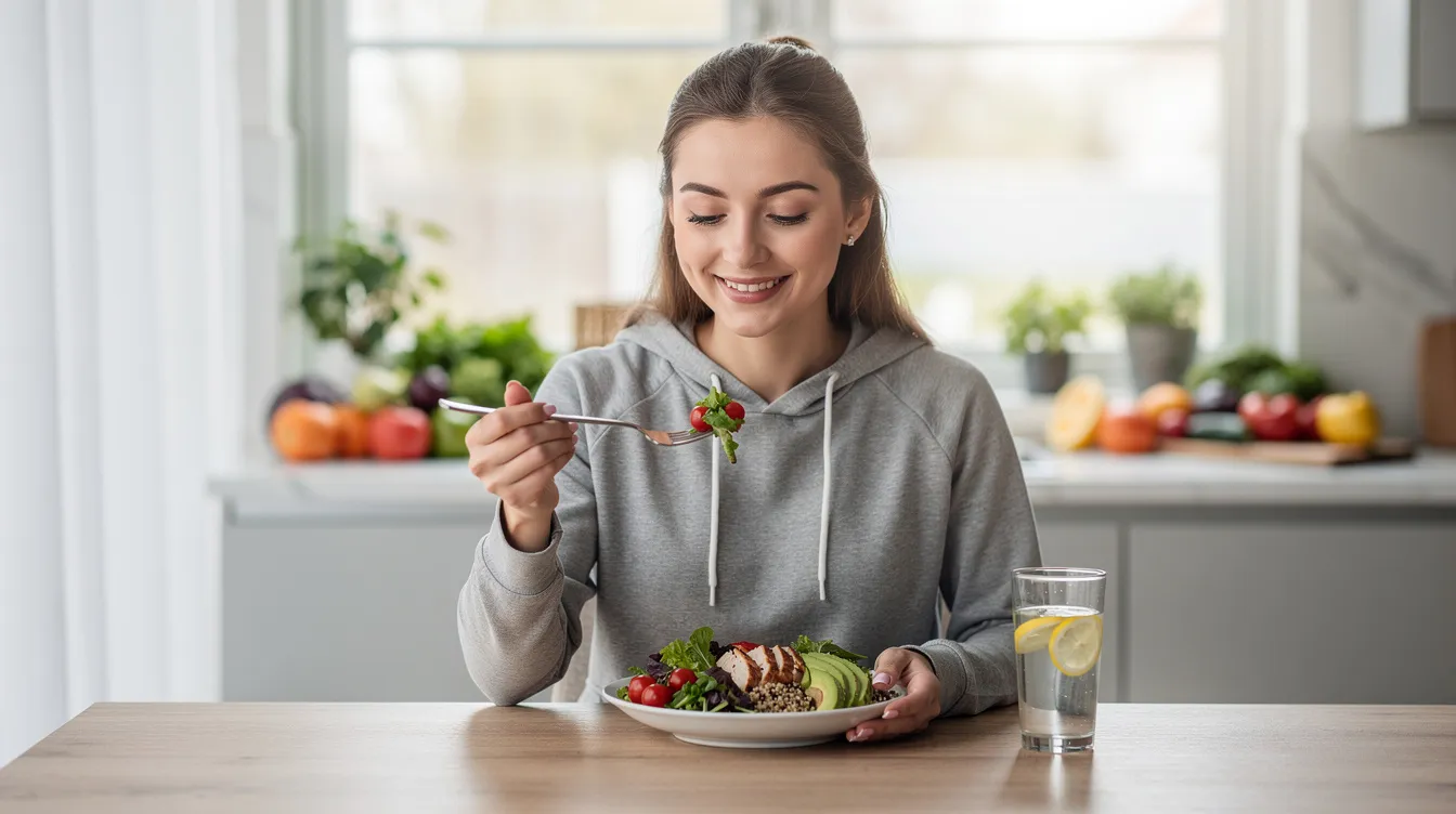 A woman sits at a table enjoying a colorful and nutritious meal, reflecting her commitment to a healthy lifestyle. This image emphasizes the importance of wellness and healthy eating as part of personalized health care and overall well-being.