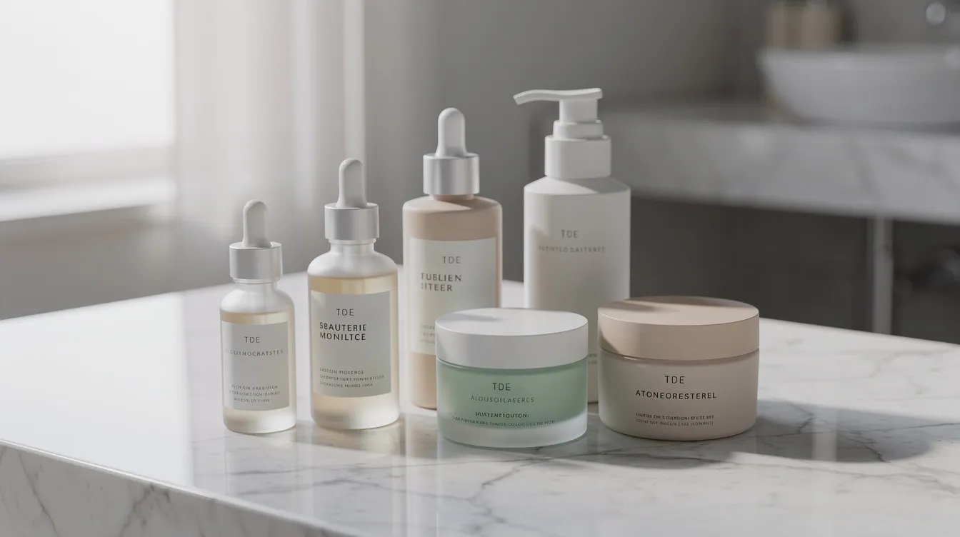 The image features several skincare bottles and jars elegantly arranged on a marble countertop, illuminated by soft natural light. These products likely contain key ingredients such as peptides, hyaluronic acid, and amino acids, which are essential for improving skin health, reducing fine lines, and enhancing skin texture.