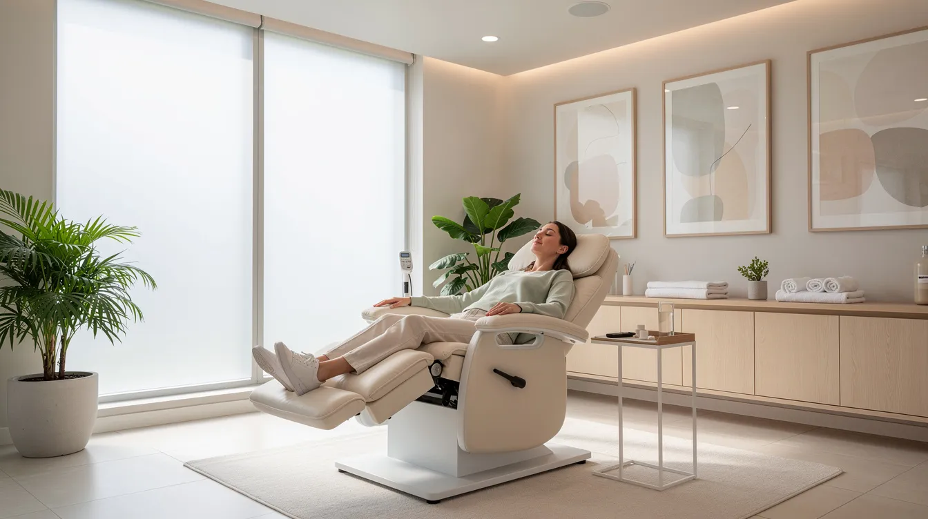 A person is seen relaxing in a comfortable reclining chair within a bright, modern wellness clinic, surrounded by soft lighting that creates a serene atmosphere. This setting suggests a focus on health and wellness, possibly involving treatments such as IV therapy or infusion therapy for various medical conditions.