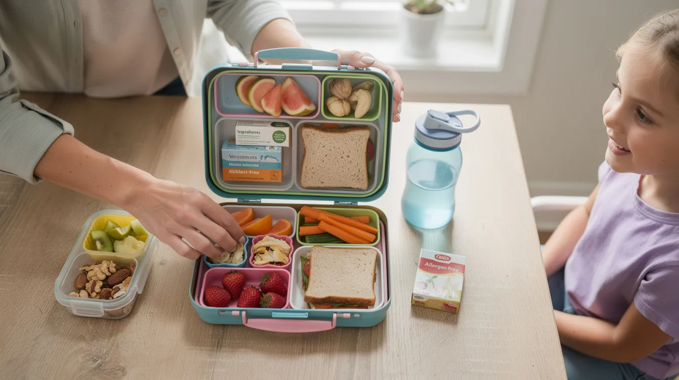 A parent is carefully packing a school lunch, ensuring to include safe food products that avoid common allergens like peanuts and tree nuts, while checking food labels for any undeclared allergens. The lunch features a variety of nutritious items, emphasizing food allergy safety to prevent allergic reactions for children with known food allergies.