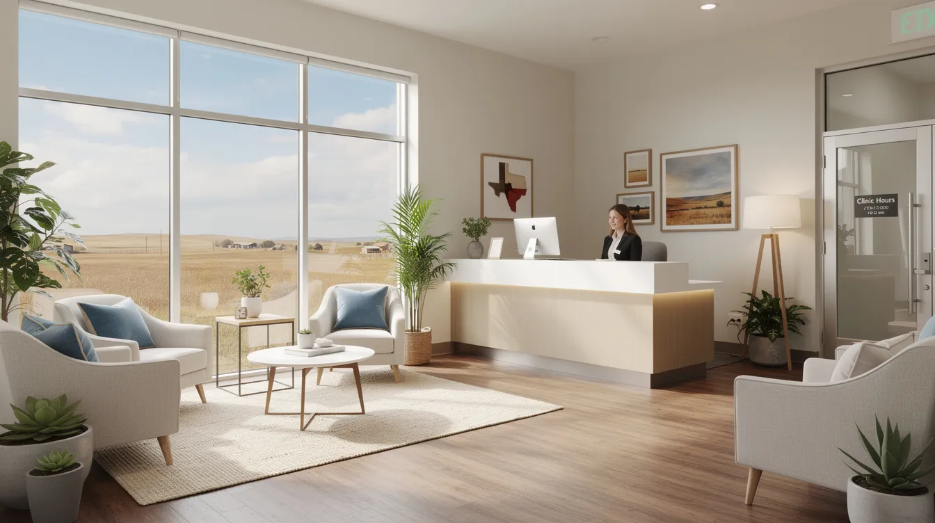 The image depicts a warm and inviting medical clinic reception area bathed in natural light, featuring modern furniture that creates a welcoming atmosphere in a Texas setting. This space is designed to support individuals seeking information about cellular health and benefits of NAD supplements, emphasizing a focus on well-being and healthy aging.