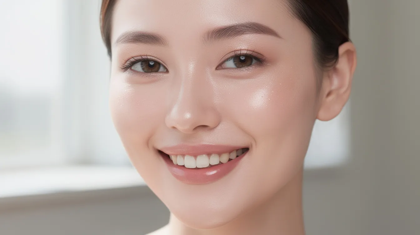 Smiling woman’s face in soft light, with a blurred white background