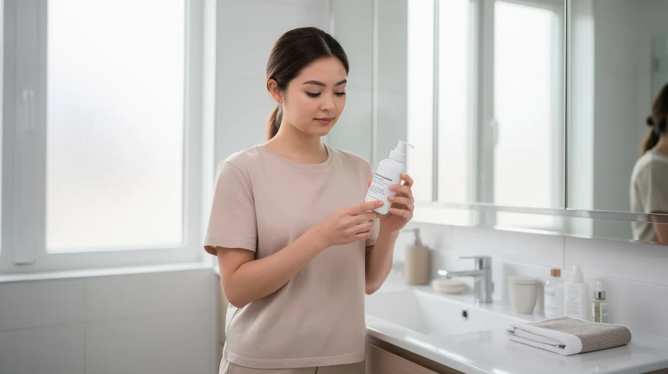 A woman is standing in a bright, modern bathroom, intently reading the label on a skincare bottle that likely contains essential proteins and peptides suitable for improving skin texture and reducing fine lines. The setting reflects a focus on skin health, suggesting a routine aimed at achieving youthful-looking skin and addressing various skin concerns.
