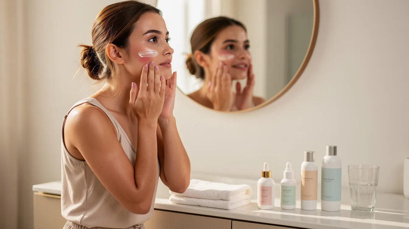 A woman is gently applying skincare products at home after a botox appointment, focusing on her forehead and around her eyes where frown lines and crow's feet may have been treated with botulinum toxin injections. She is following post-treatment care instructions to ensure optimal results and a youthful appearance.