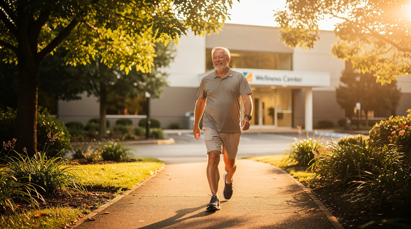 An active adult enjoys a walk outdoors in warm sunlight, embodying the benefits of a wellness visit, which may include improved skin health and increased energy levels. This moment reflects a commitment to overall health and vitality, supporting healthy aging and mental clarity through practices like NAD IV therapy.
