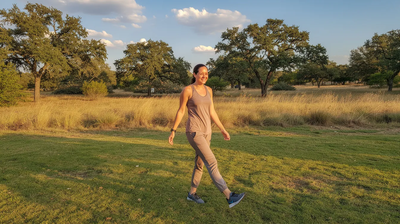 A person in a matching light-brown workout outfit walking across a sunny, grassy field with trees in the background.
