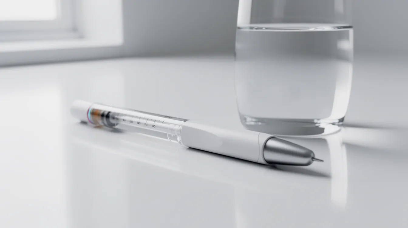Syringe with clear liquid beside a glass of water on a white surface