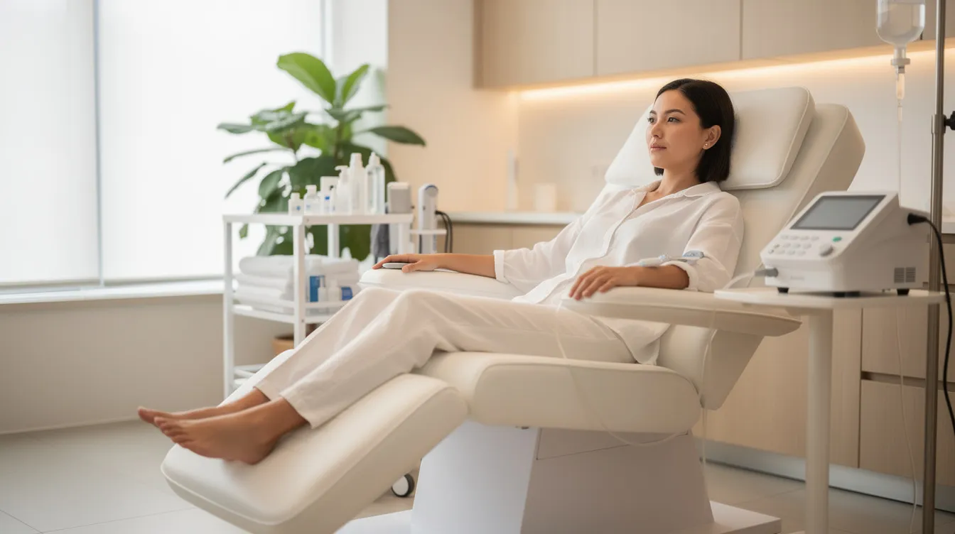 Person reclining in a white treatment chair in a bright spa room, with plants and a small machine nearby