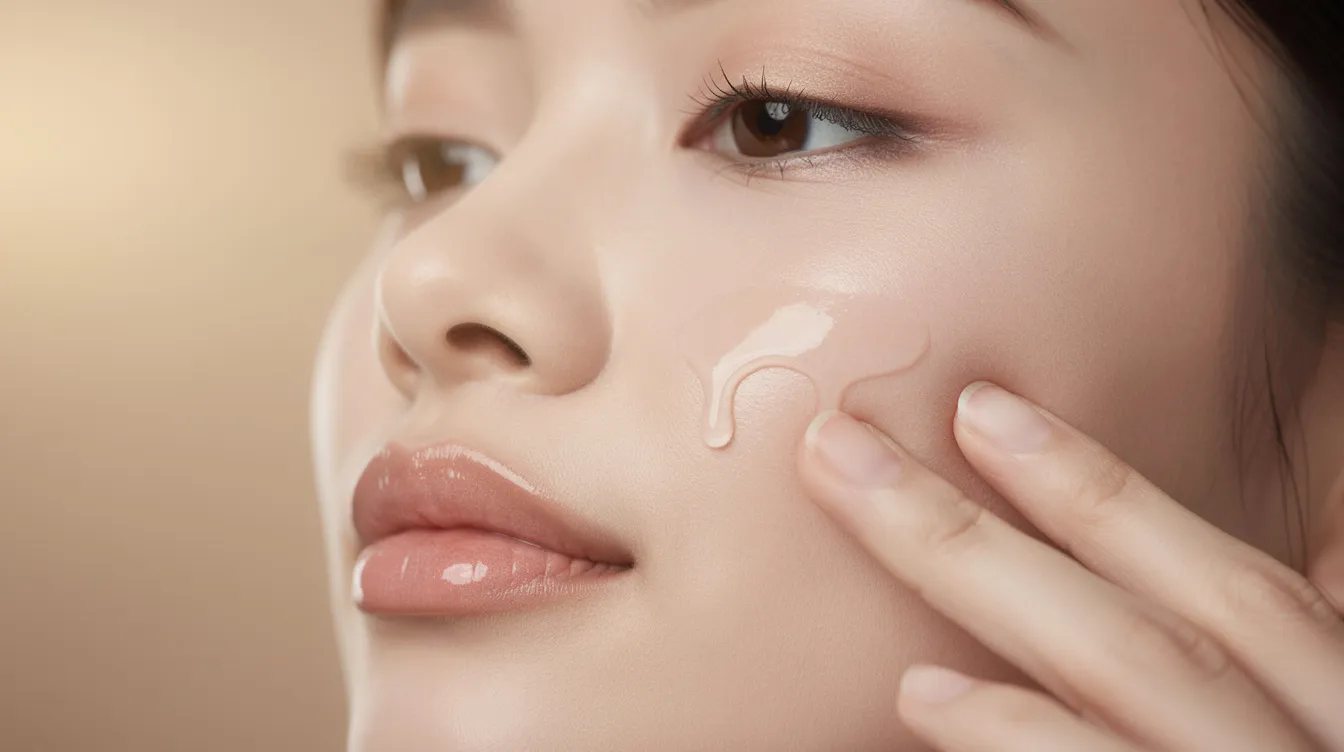 Close-up of a person applying white skincare cream to their cheek, with a soft beige background