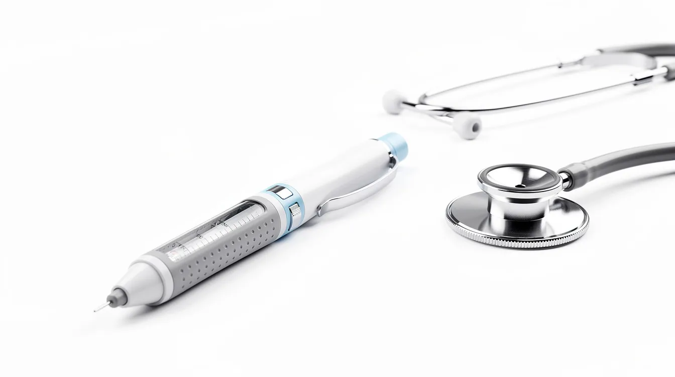 A close-up view of a medical injection pen resting on a clean white surface next to a stethoscope, symbolizing professional weight loss support and the use of weight loss medications in medical weight loss programs. This image highlights the tools involved in a medically supervised weight loss journey aimed at achieving health and wellness goals.