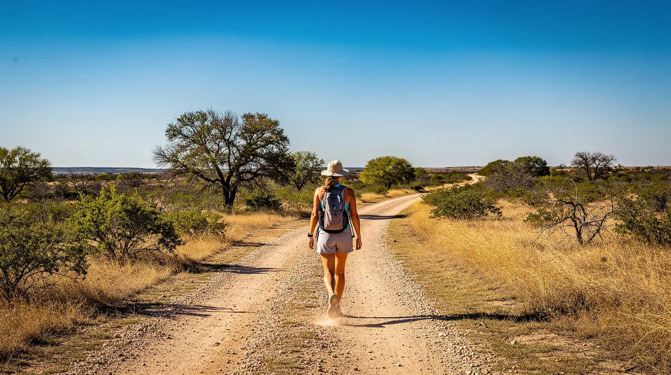 A woman is walking along a sunny trail in Texas, enjoying the outdoors. This image captures a moment of daily life, which can be especially important for women experiencing menopausal symptoms such as hot flashes, mood swings, and vaginal dryness, highlighting the need for hormone replacement therapy for better women's health.