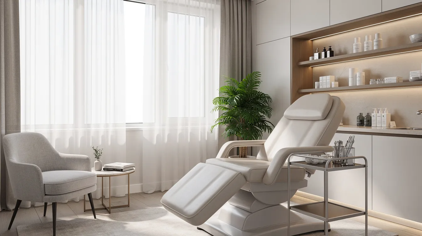 Bright spa treatment room with a reclining chair, armchair, side tables, and shelves of skincare products