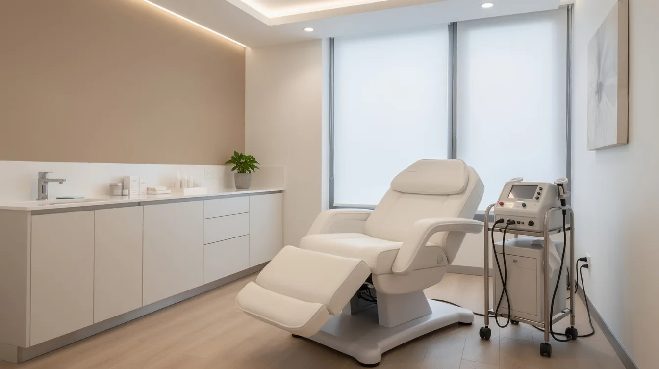 The image depicts a modern medical wellness clinic room featuring a comfortable treatment chair designed for botox therapy, with a clean and minimalist aesthetic. This inviting space is equipped for administering botulinum toxin injections, aimed at reducing frown lines and achieving a youthful appearance.