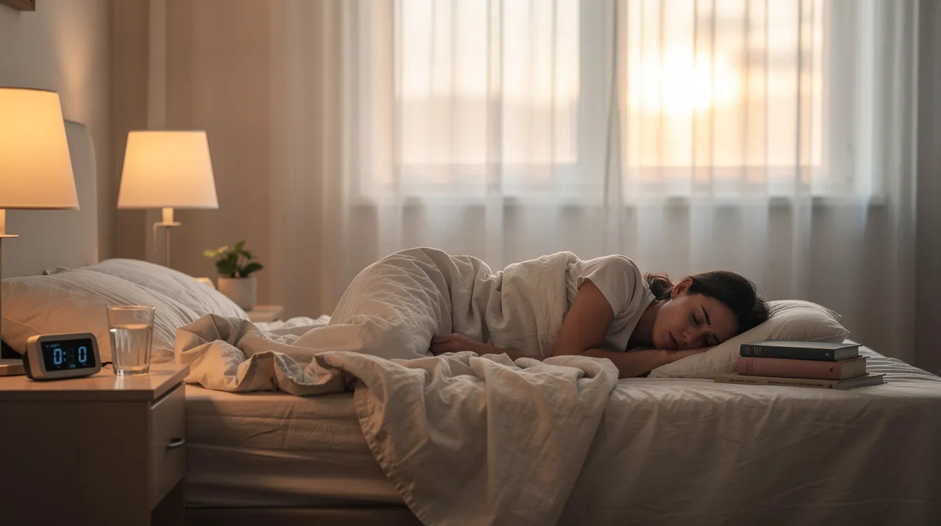 Person sleeping in a bed beside a lit alarm clock and warm bedside lamps by a window.